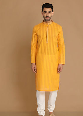 alt message - Manyavar Men Orange Striped Casual Kurta Set image number 1